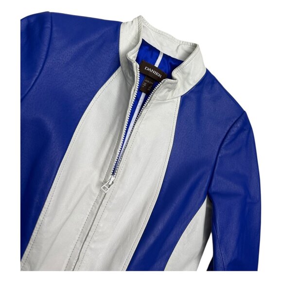 DANIER LEATHER Blue Luxury Designer Casual Motorcycle Bomber Jacket Womens 3XS - Picture 3 of 7